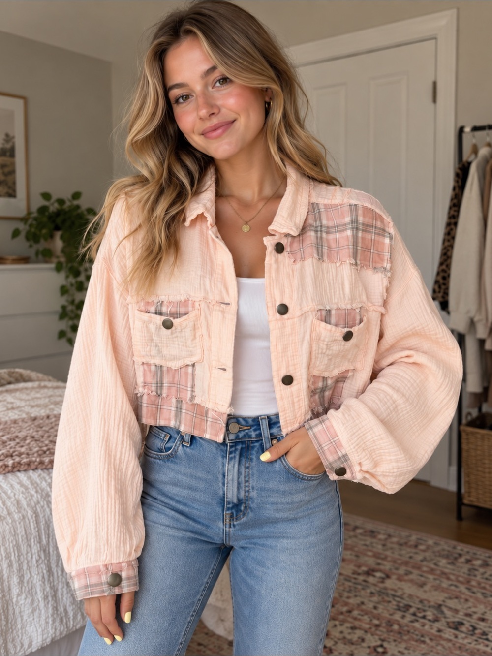 POL Plaid Cropped Jacket - Women's Lightweight Coat